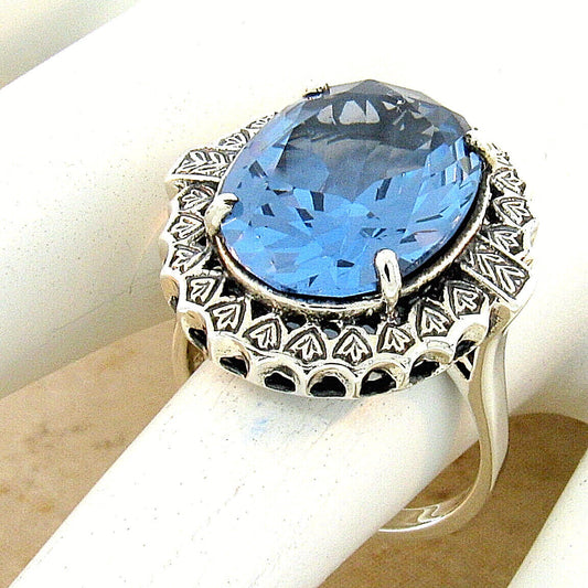 925 STERLING SILVER RING ANTIQUE STYLE 10 CARAT SIMULATED AQUAMARINE       1055X