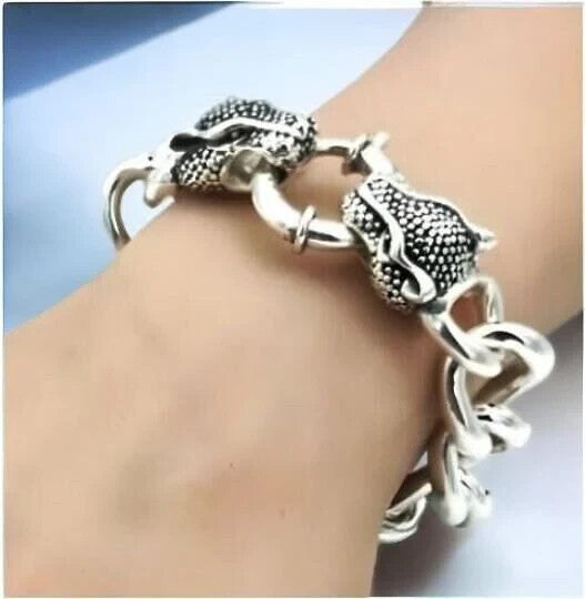 925 Silver Lightweight Curb Link Bracelet with Double Dragon Head Clasp  8" 1615