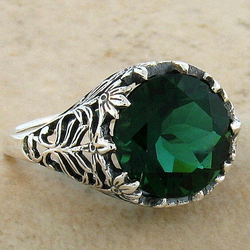 925 STERLING SILVER FILIGREE VICTORIAN STYLE SIMULATED EMERALD 3.50 Ct RING 445Z