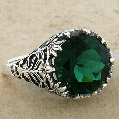 925 STERLING SILVER FILIGREE VICTORIAN STYLE SIMULATED EMERALD 3.50 Ct RING 445Z