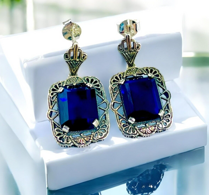 VINTAGE STYLE 925 STERLING SILVER SIMULATED SAPPHIRE FILIGREE EARRINGS 1816