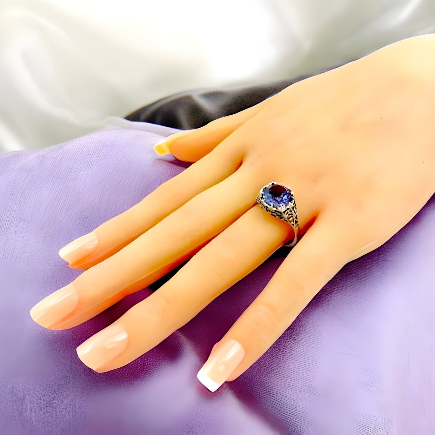 VICTORIAN STYLE 925 STERLING SILVER FILIGREE SIMULATED 5 CT ALEXANDRITE RING#320