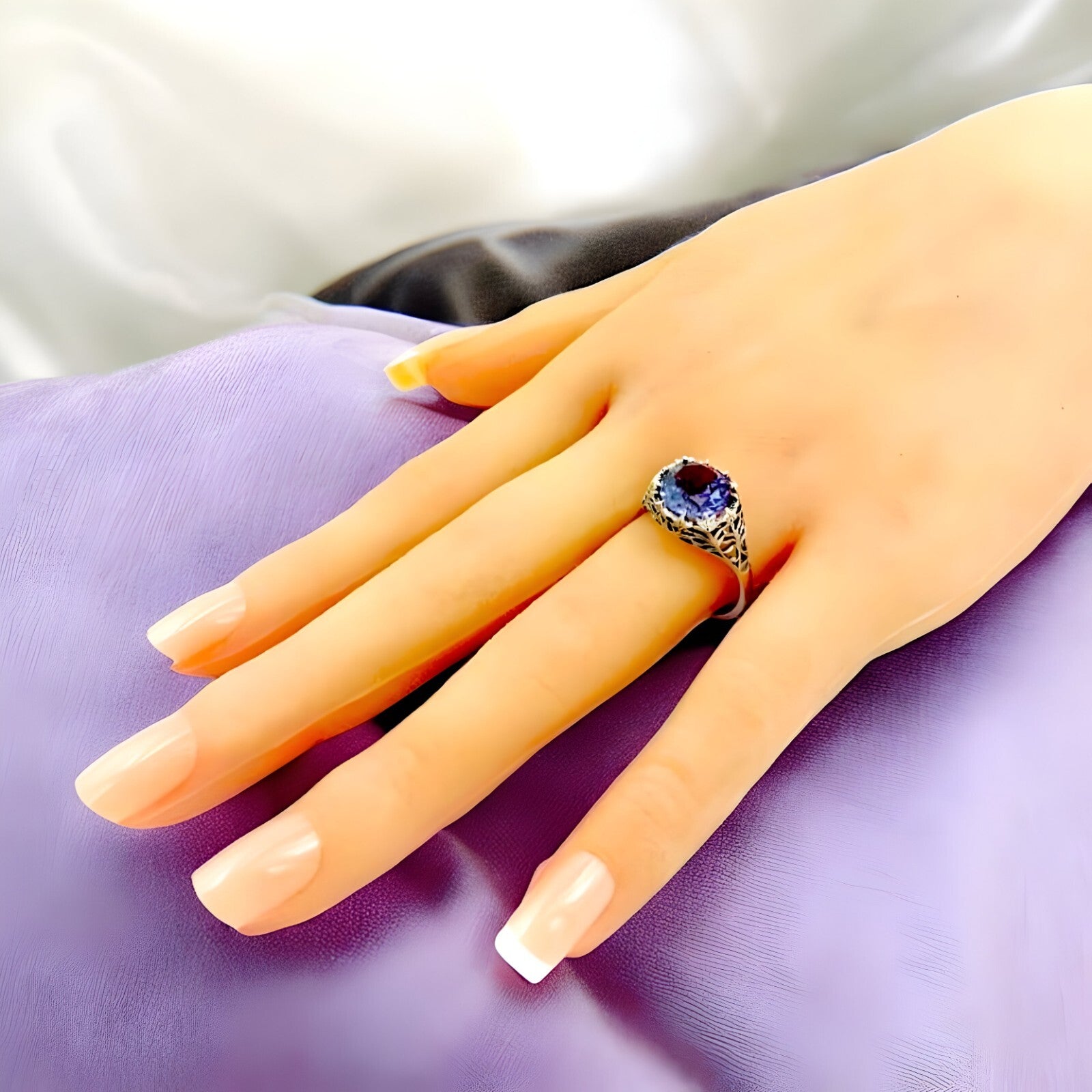 VICTORIAN STYLE 925 STERLING SILVER FILIGREE SIMULATED 5 CT ALEXANDRITE RING#320