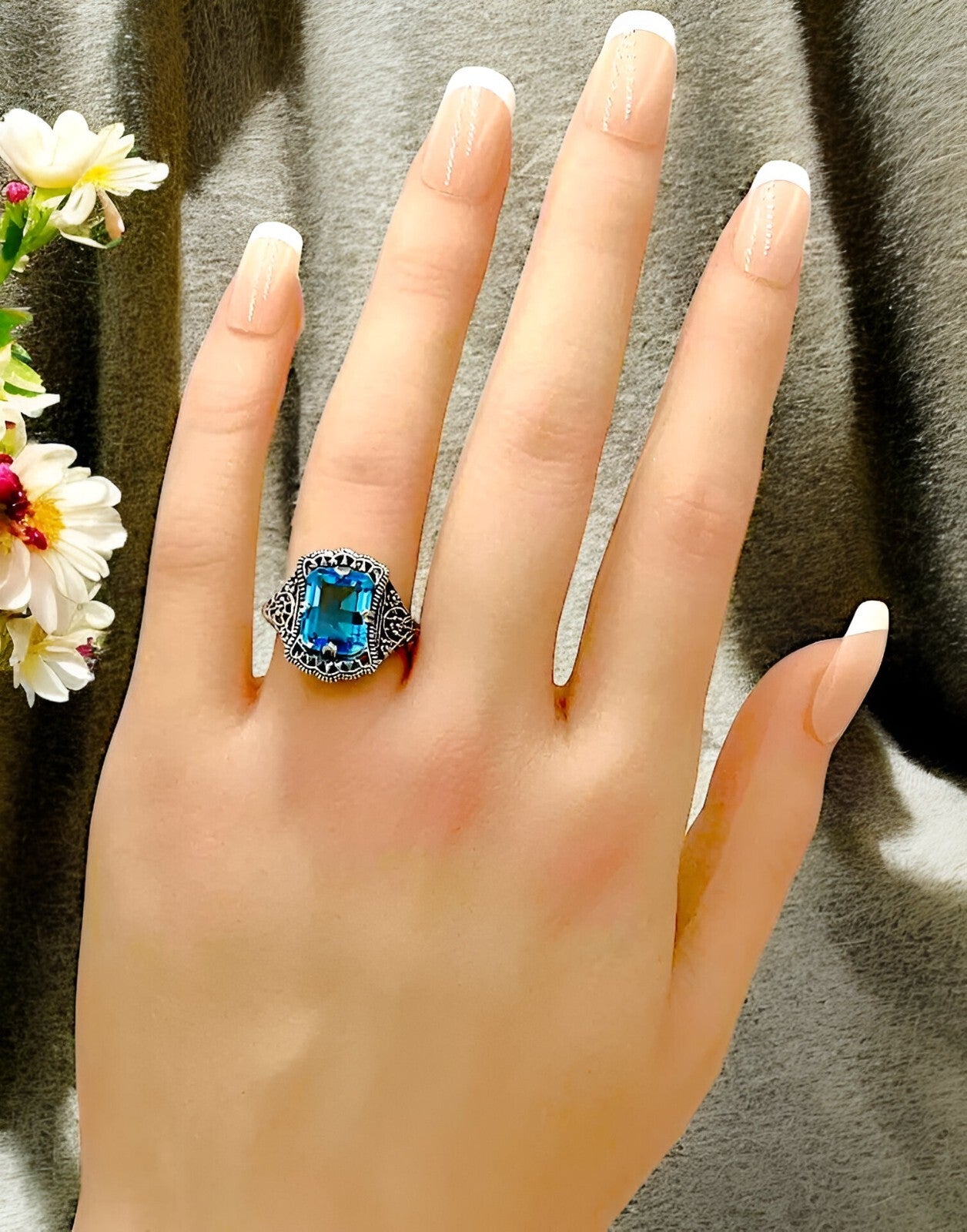 925 STERLING SILVER FILIGREE RING ANTIQUE STYLE SIMULATED AQUAMARINE       #1332