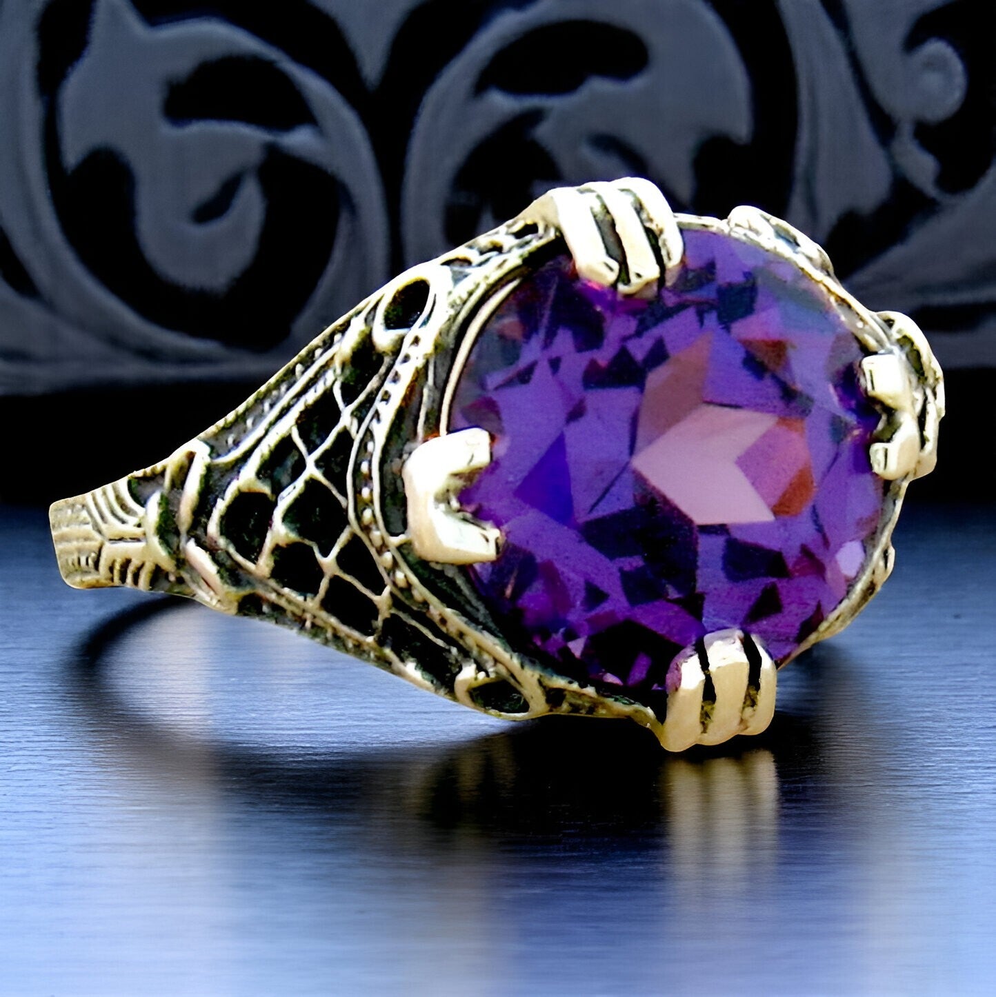 925 SILVER EDWARDIAN STYLE 5 Ct COLOR CHANGING SIMULATED ALEXANDRITE RING   #382