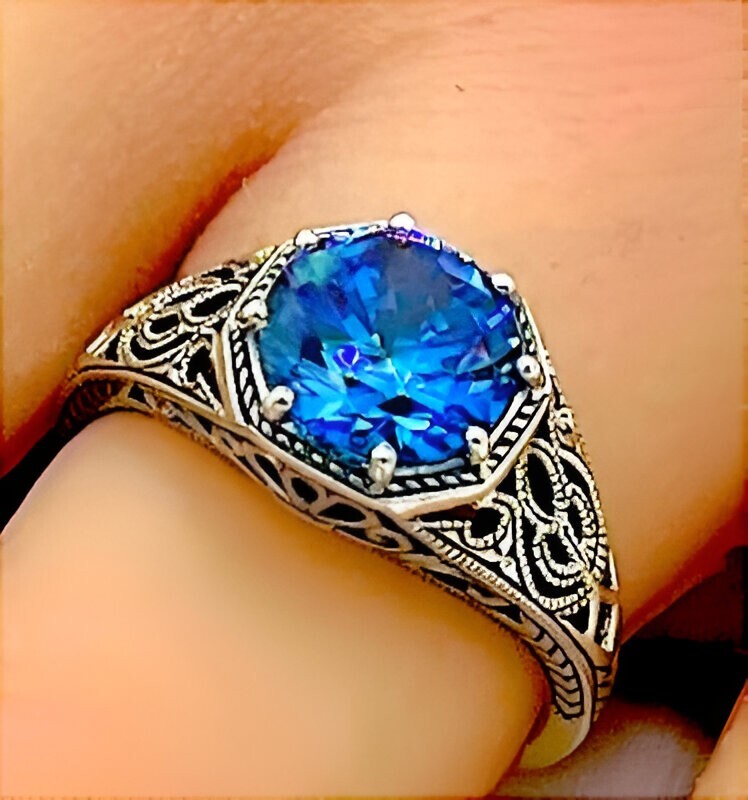 VINTAGE STYLE CEYLON SAPPHIRE CZ 925 SOLID STERLING SILVER FILIGREE RING  #1275