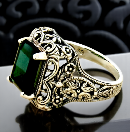 925 STERLING SILVER ART DECO STYLE SIMULATED EMERALD FILIGREE RING          #528