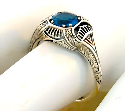 VINTAGE STYLE GENUINE LONDON BLUE TOPAZ 925 STERLING SILVER DECO RING       #489
