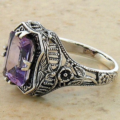 GENUINE AMETHYST 925 STERLING SILVER ART DECO STYLE SOLITAIRE FILIGREE RING #244