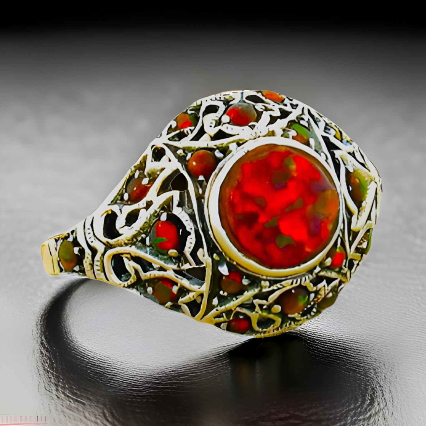 925 STERLING SILVER ANTIQUE STYLE LAB-CREATED RED FIRE OPAL FILIGREE RING   #027