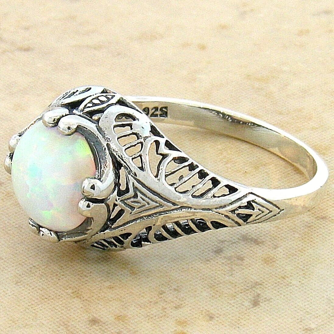 VINTAGE STYLE 925 STERLING SILVER LAB-CREATED WHITE OPAL FILIGREE RING      #800