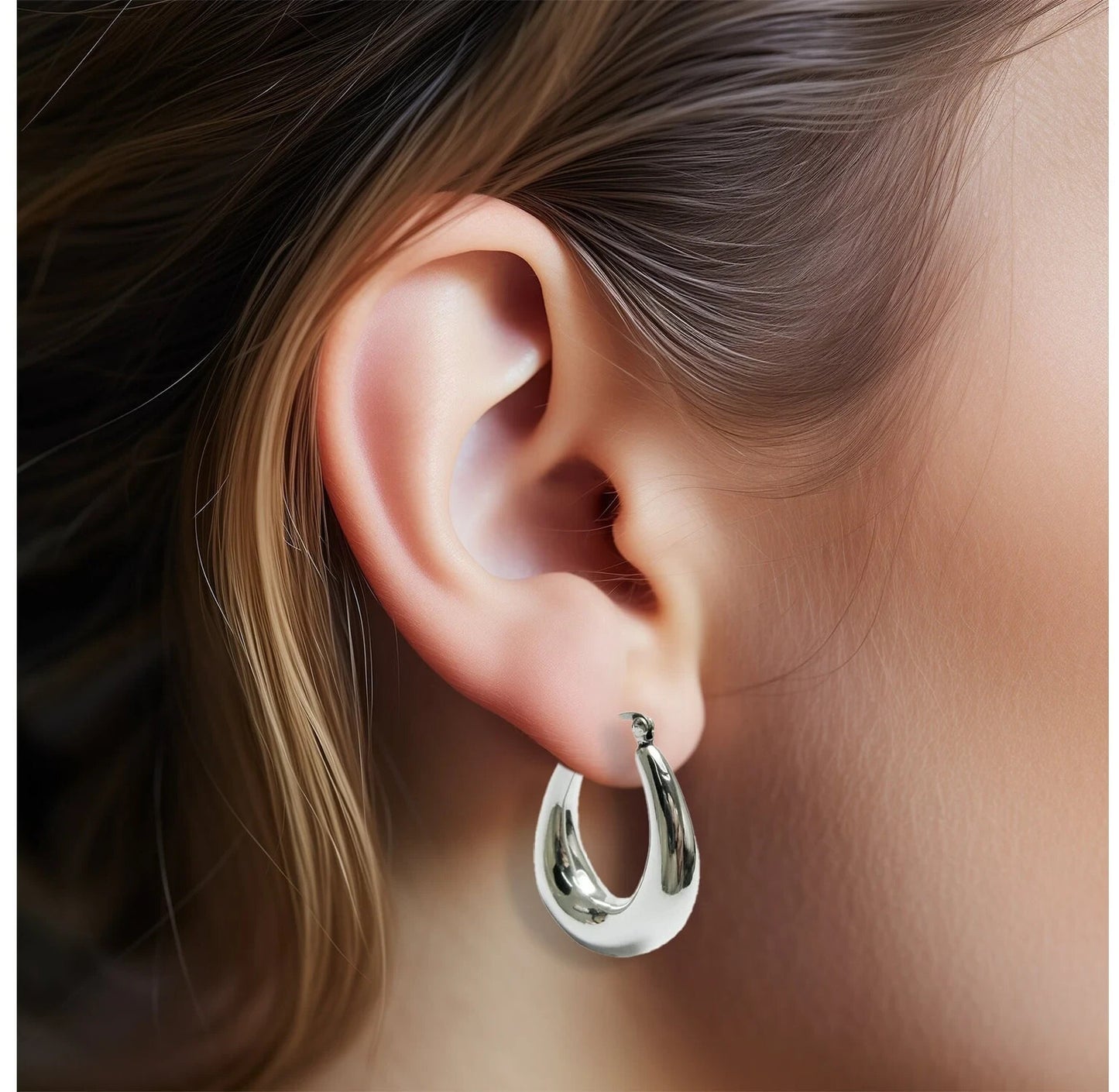 925 Sterling Silver Hoop Earrings, Lightweight Oval Latch Back 1538