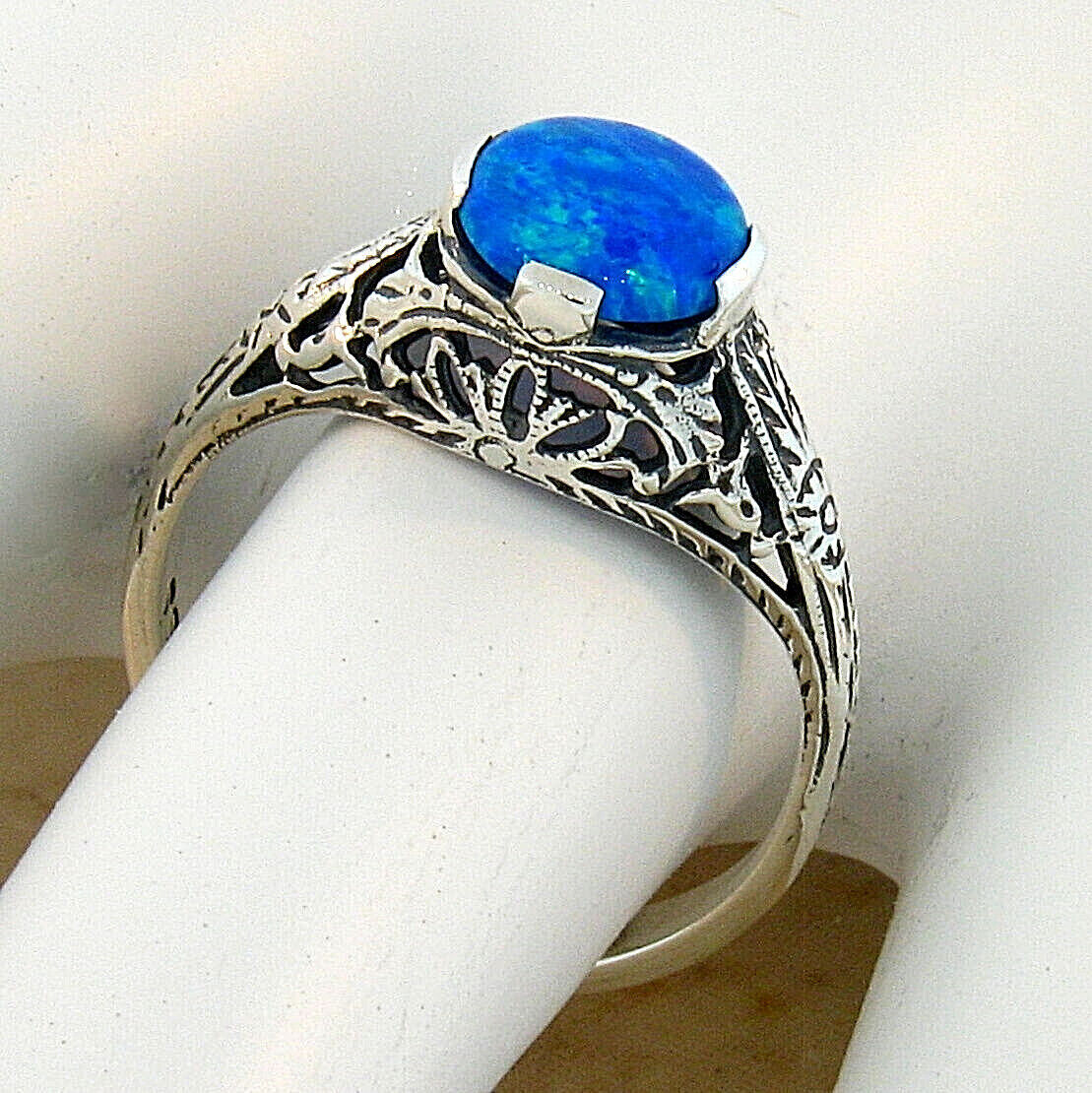 925 STERLING SILVER ART DECO STYLE LAB-CREATED BLUE FIRE OPAL FILIGREE RING #115