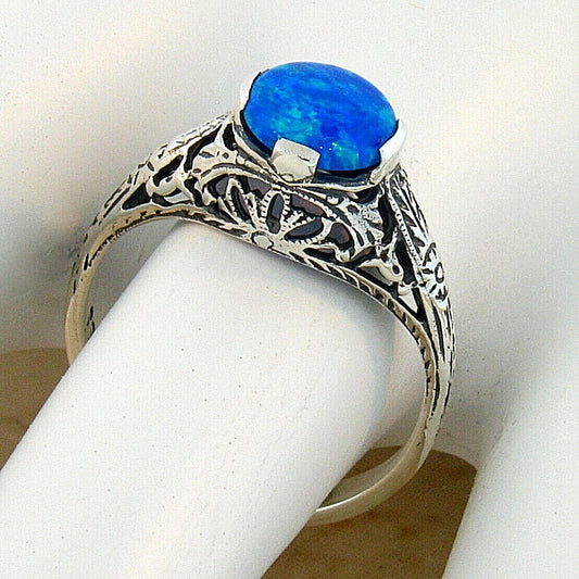 925 STERLING SILVER ART DECO STYLE LAB-CREATED BLUE FIRE OPAL FILIGREE RING #115