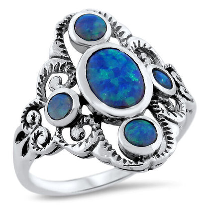 VINTAGE STYLE 925 STERLING SILVER LAB-CREATED BLUE FIRE OPAL RING           #651