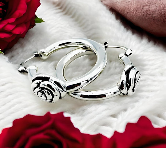 925 Sterling Silver Rose Flower Sterling Silver Lightweight Hoop Earrings 1219