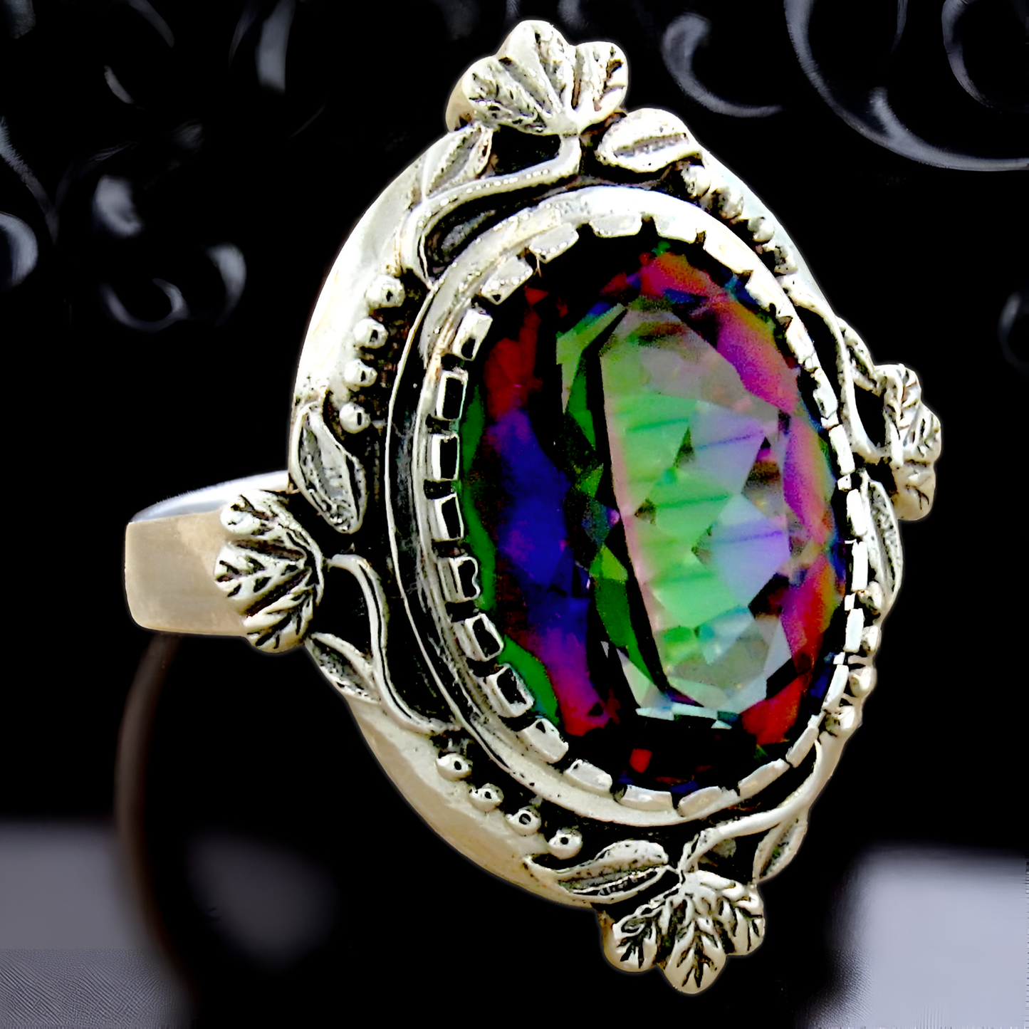 6 CT RAINBOW MYSTIC QUARTZ VICTORIAN STYLE 925 STERLING SILVER RING         #451