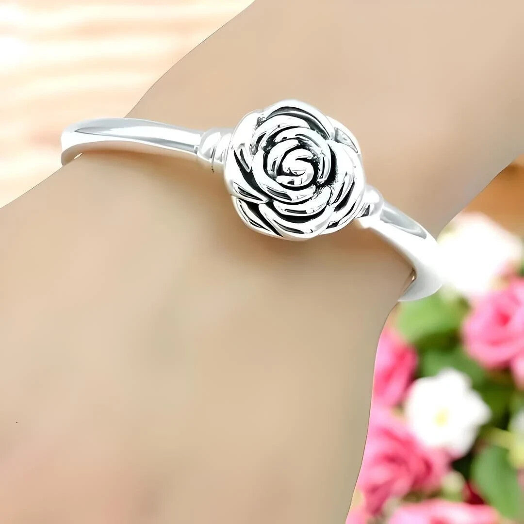 6.75" ROSE BANGLE BRACELET 925 STERLING SILVER LIGHTWEIGHT SPRING HINGED 1521