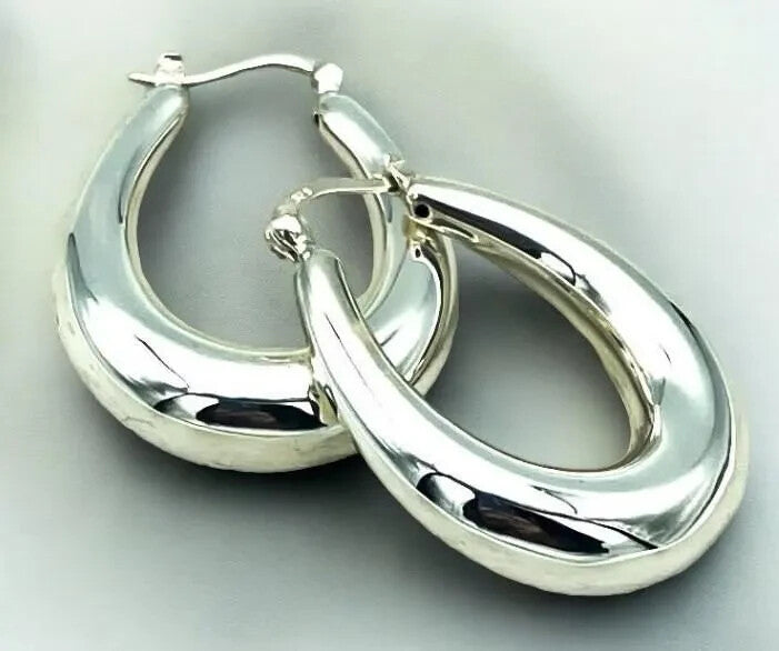 925 Sterling Silver Hoop Earrings, Lightweight Oval Latch Back 1538