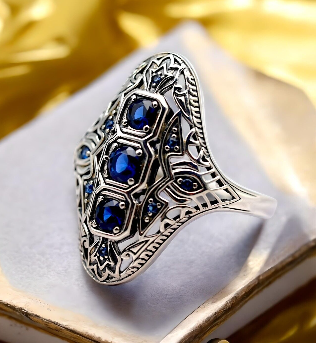 VINTAGE STYLE ROYAL BLUE SIMULATED SAPPHIRE 925 STERLING SILVER RING 1794