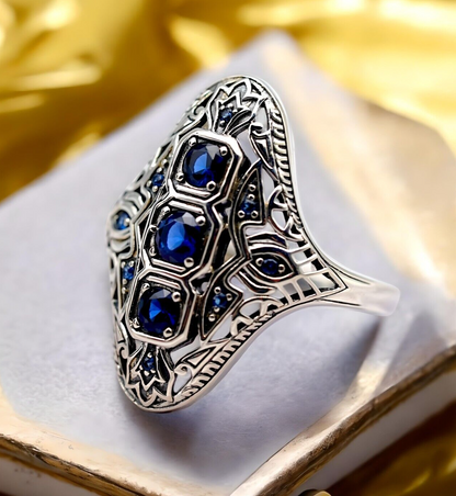 VINTAGE STYLE ROYAL BLUE SIMULATED SAPPHIRE 925 STERLING SILVER RING 1794