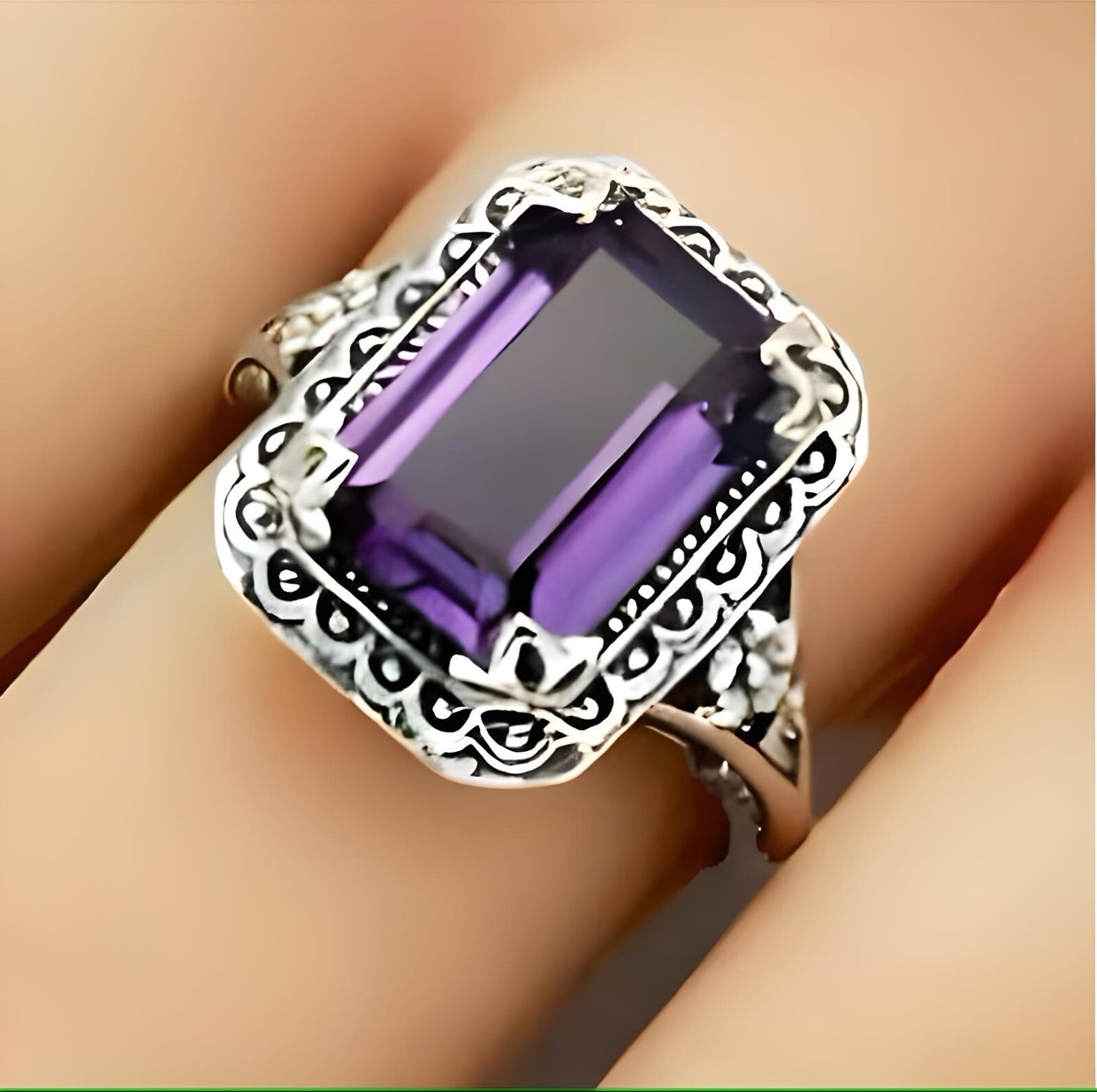 VINTAGE STYLE PURPLE LAB-CREATED SAPPHIRE 925 STERLING SILVER FILIGREE RING 1502