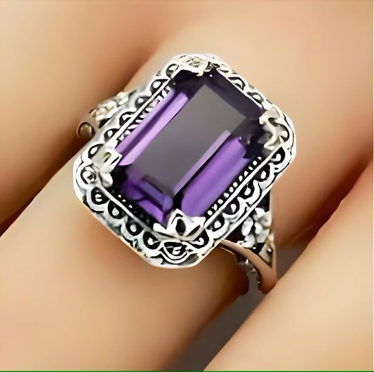 VINTAGE STYLE PURPLE LAB-CREATED SAPPHIRE 925 STERLING SILVER FILIGREE RING 1502