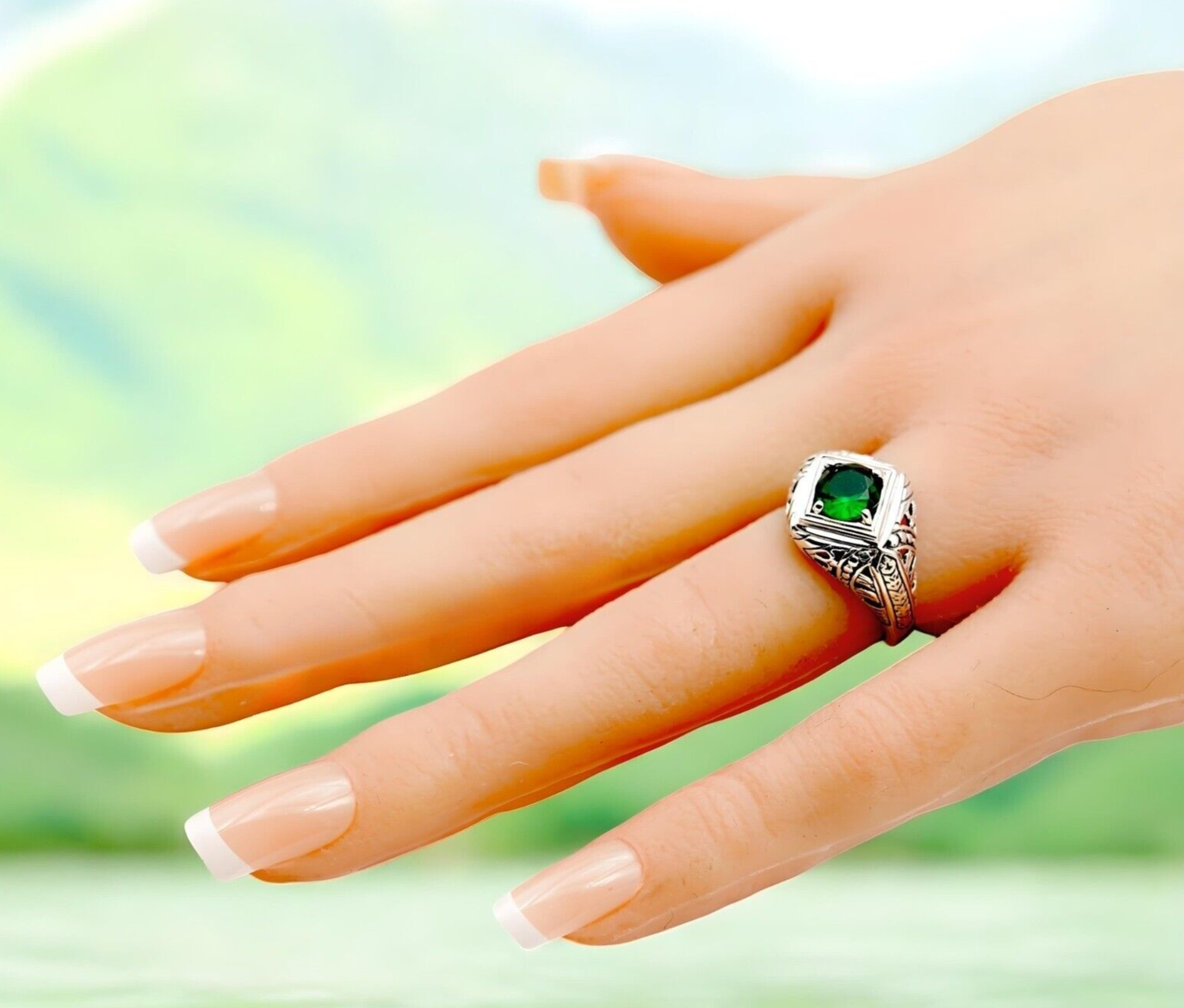 VINTAGE STYLE SIMULATED EMERALD 925 SOLID STERLING SILVER FILIGREE RING 1791