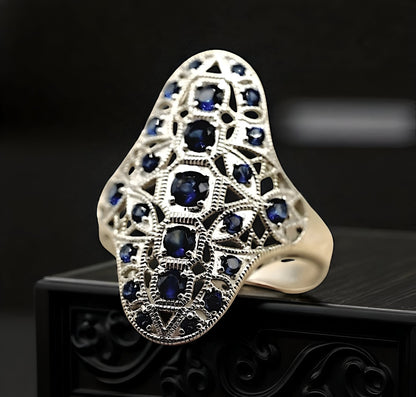 VINTAGE STYLE SIMULATED SAPPHIRE 925 STERLING SILVER RING RHODIUM PLATED 1779