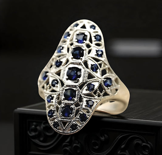 VINTAGE STYLE SIMULATED SAPPHIRE 925 STERLING SILVER RING RHODIUM PLATED 1779