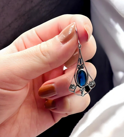 VINTAGE STYLE ROYAL BLUE SIMULATED SAPPHIRE 925 STERLING SILVER EARRINGS 1811