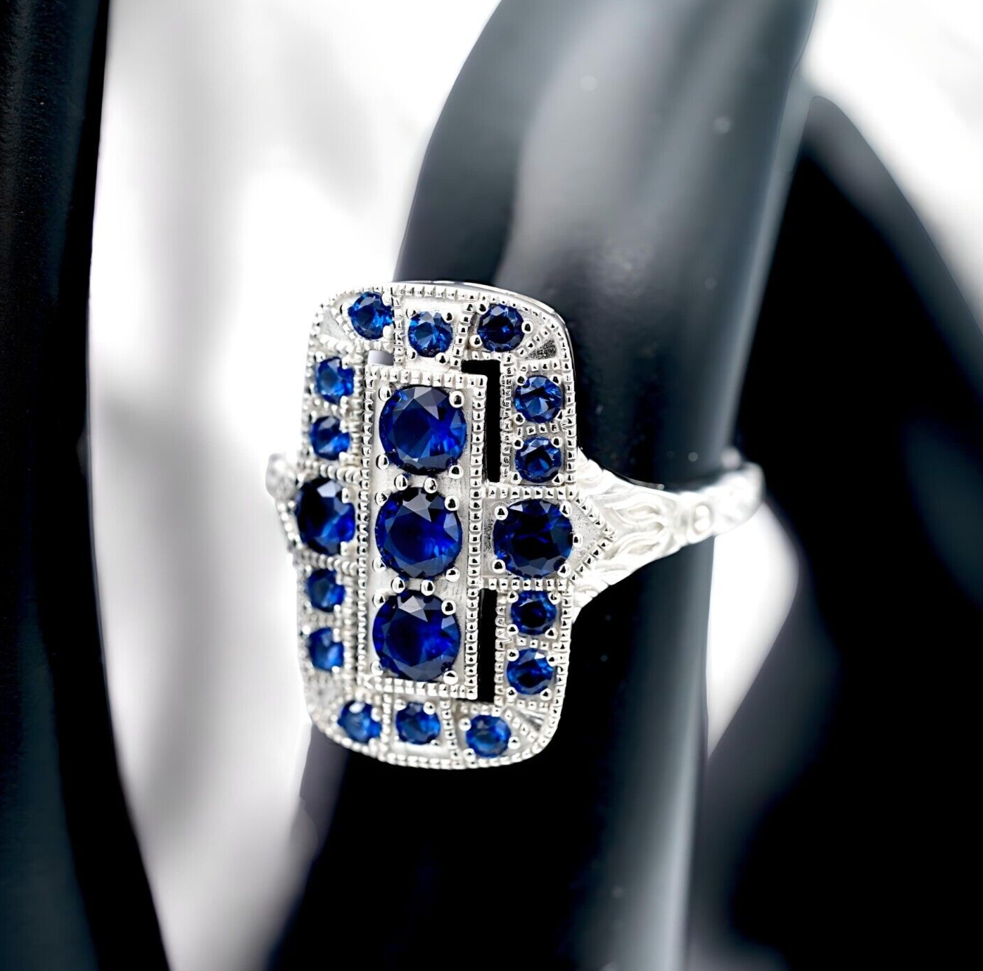 VINTAGE STYLE 925 STERLING SILVER SIMULATED SAPPHIRE RING RHODIUM PLATED 1763