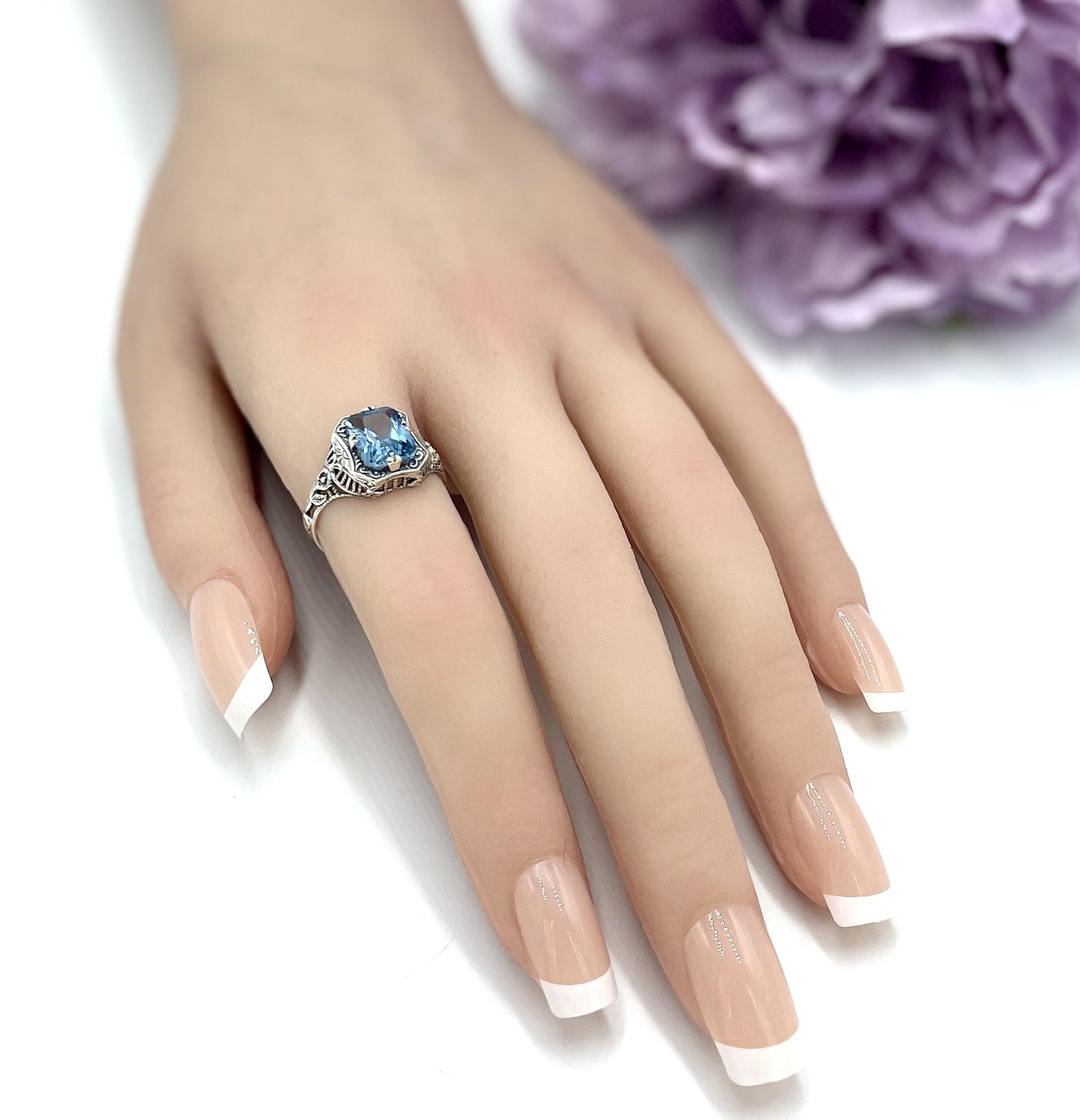 925 STERLING SILVER FILIGREE RING ANTIQUE DESIGN SIMULATED AQUAMARINE      #1311