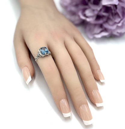 925 STERLING SILVER FILIGREE RING ANTIQUE DESIGN SIMULATED AQUAMARINE      #1311