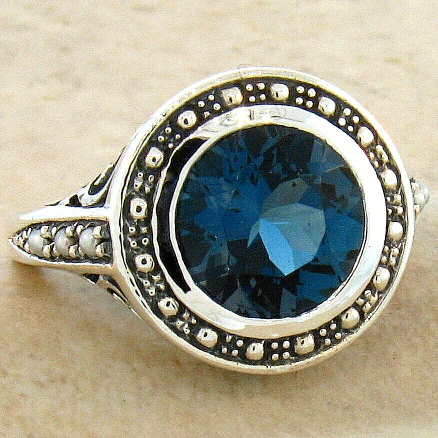 3 Ct GENUINE LONDON BLUE TOPAZ PEARL ANTIQUE STYLE 925 STERLING SILVER RING 289X