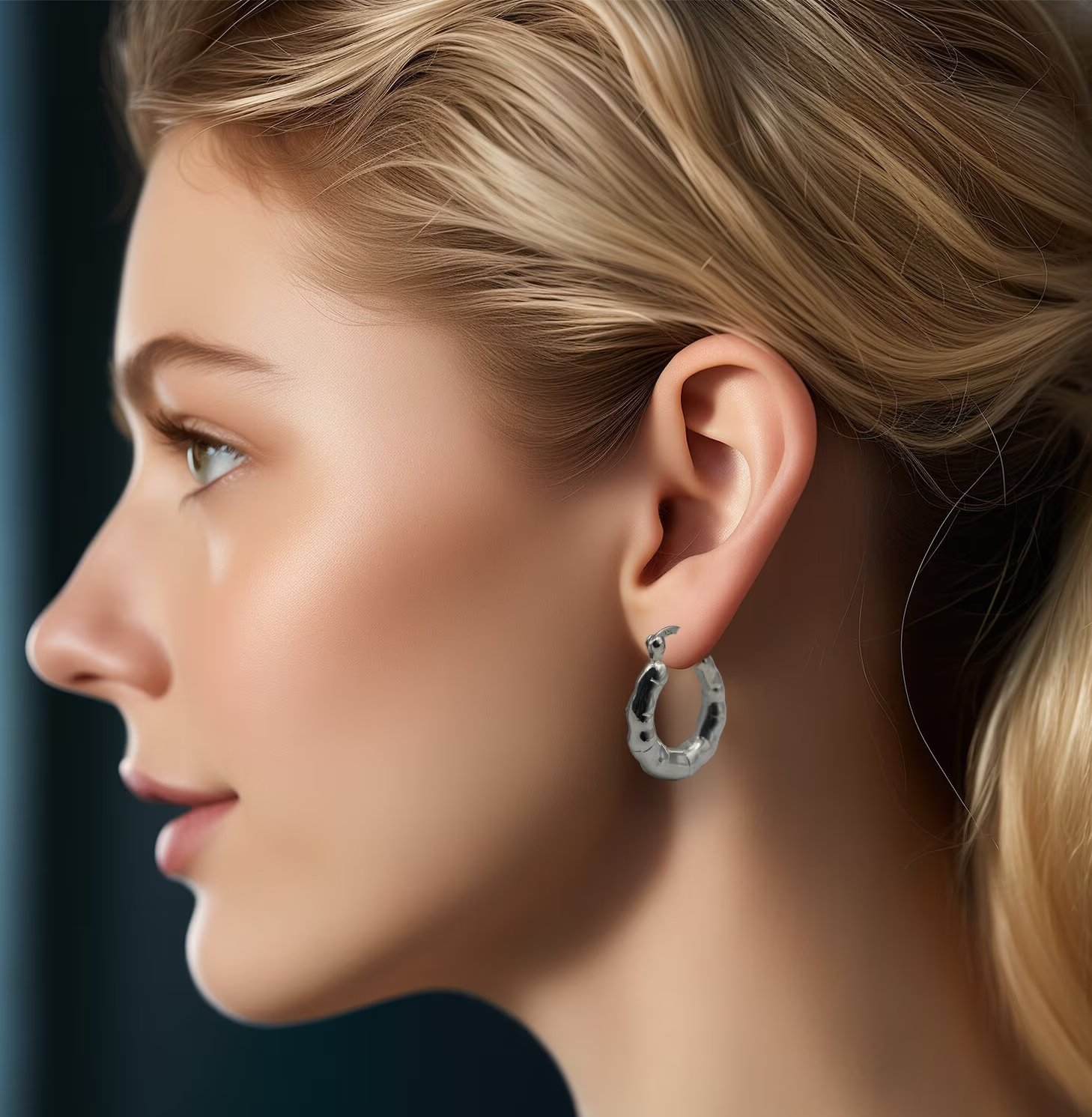 925 Sterling Silver Hoop Earrings, Bamboo Design Latch Back, Lightweight 1619