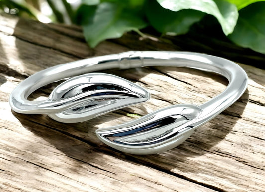 925 STERLING SILVER DOUBLE LEAF DESIGN BANGLE BRACELET 6.5" LIGHTWEIGHT 1574