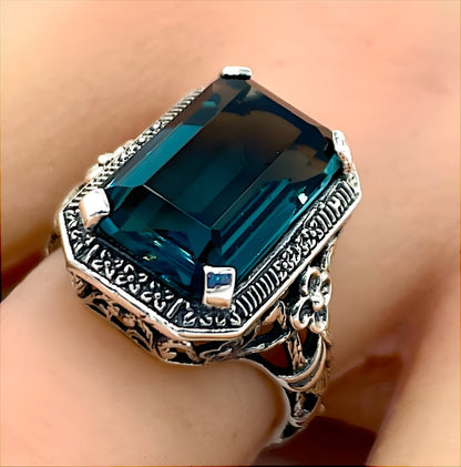 VINTAGE STYLE 925 STERLING SILVER RING 6 CT LONDON BLUE SIMULATED TOPAZ   #1141