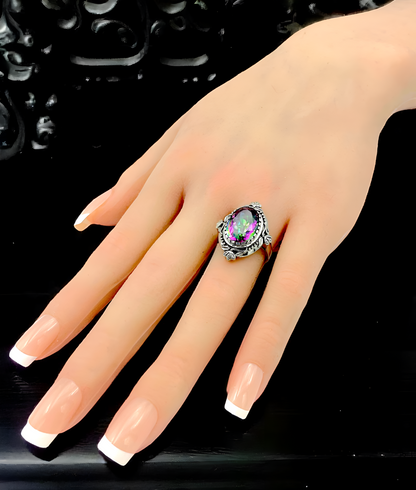 6 CT RAINBOW MYSTIC QUARTZ VICTORIAN STYLE 925 STERLING SILVER RING         #451