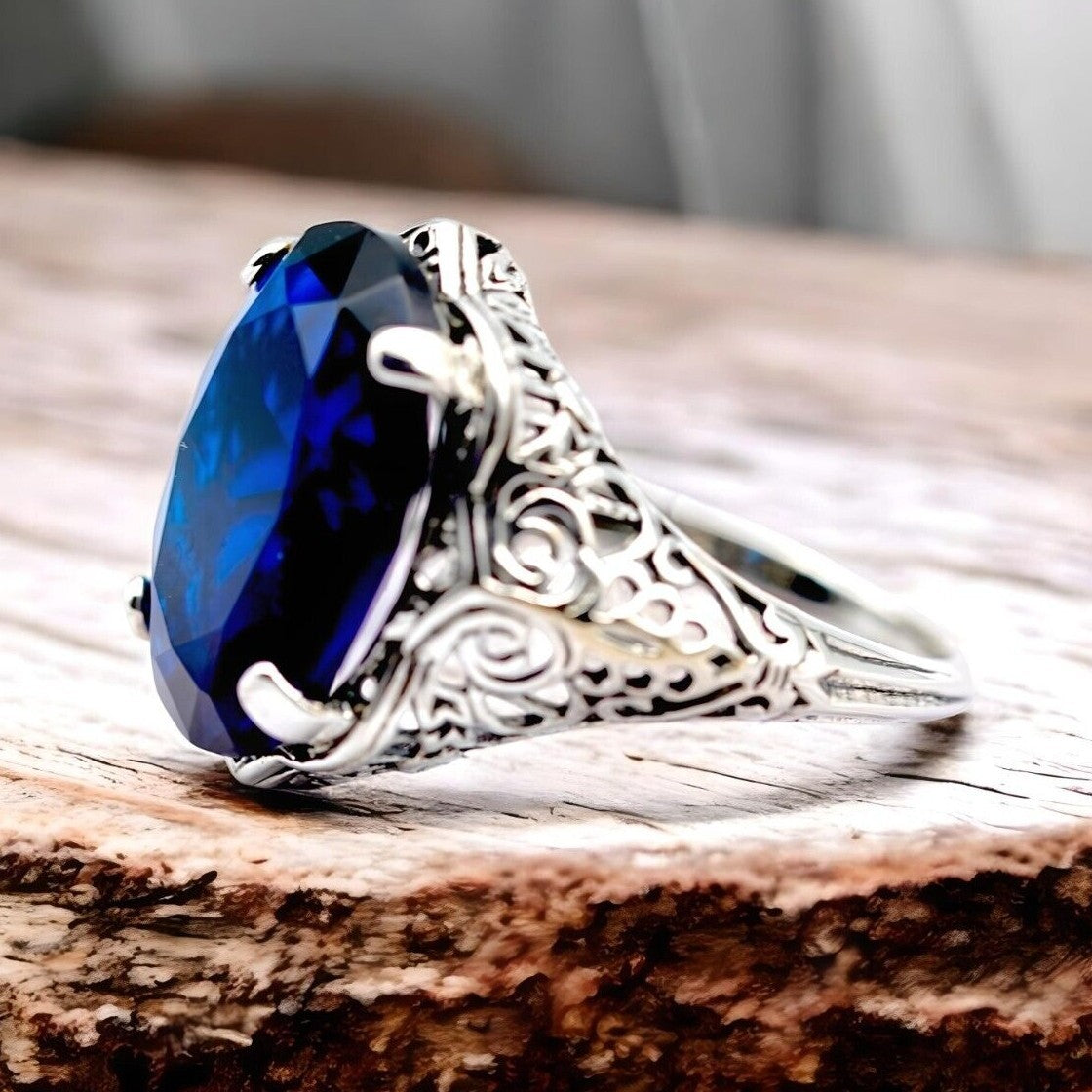 VINTAGE STYLE 925 STERLING SILVER HUGE ROYAL BLUE SIMULATED SAPPHIRE RING 1793