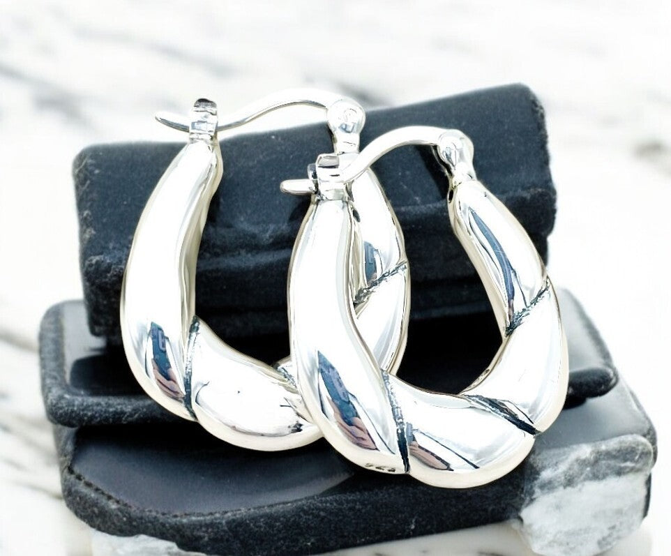 925 Sterling Silver Hoop Earrings - Lightweight Twisted Latch Back Design 1629