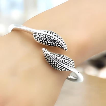 925 Sterling Silver Leaf Bangle Bracelet - 6.5" Lightweight Dotted Design 1451