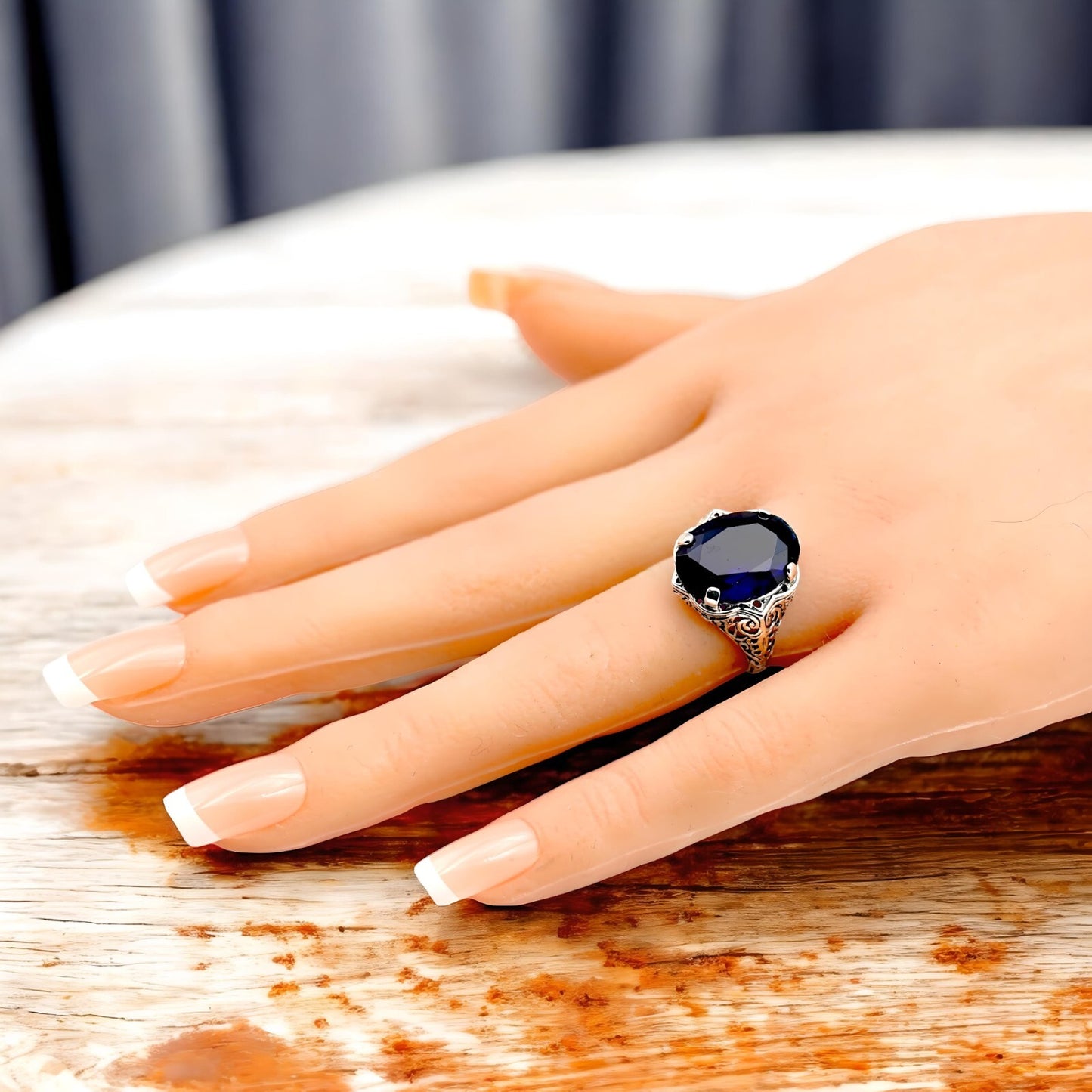 VINTAGE STYLE 925 STERLING SILVER HUGE ROYAL BLUE SIMULATED SAPPHIRE RING 1793