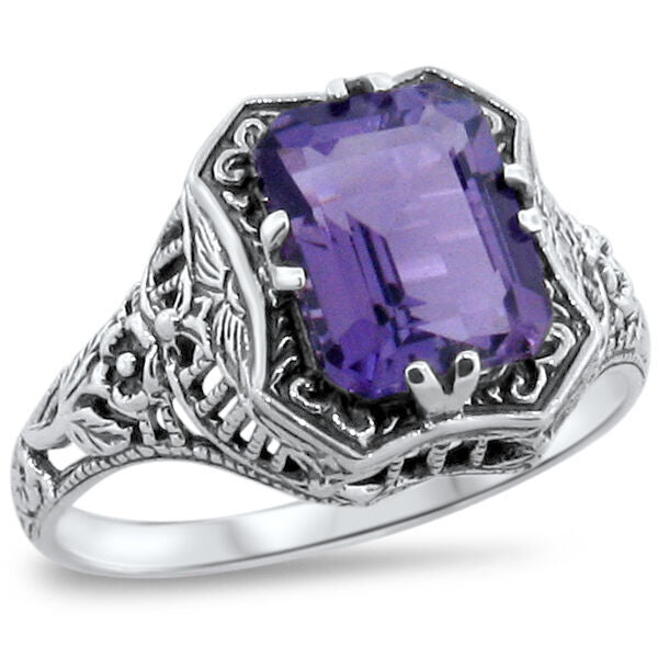 GENUINE AMETHYST 925 STERLING SILVER ART DECO STYLE SOLITAIRE FILIGREE RING #244