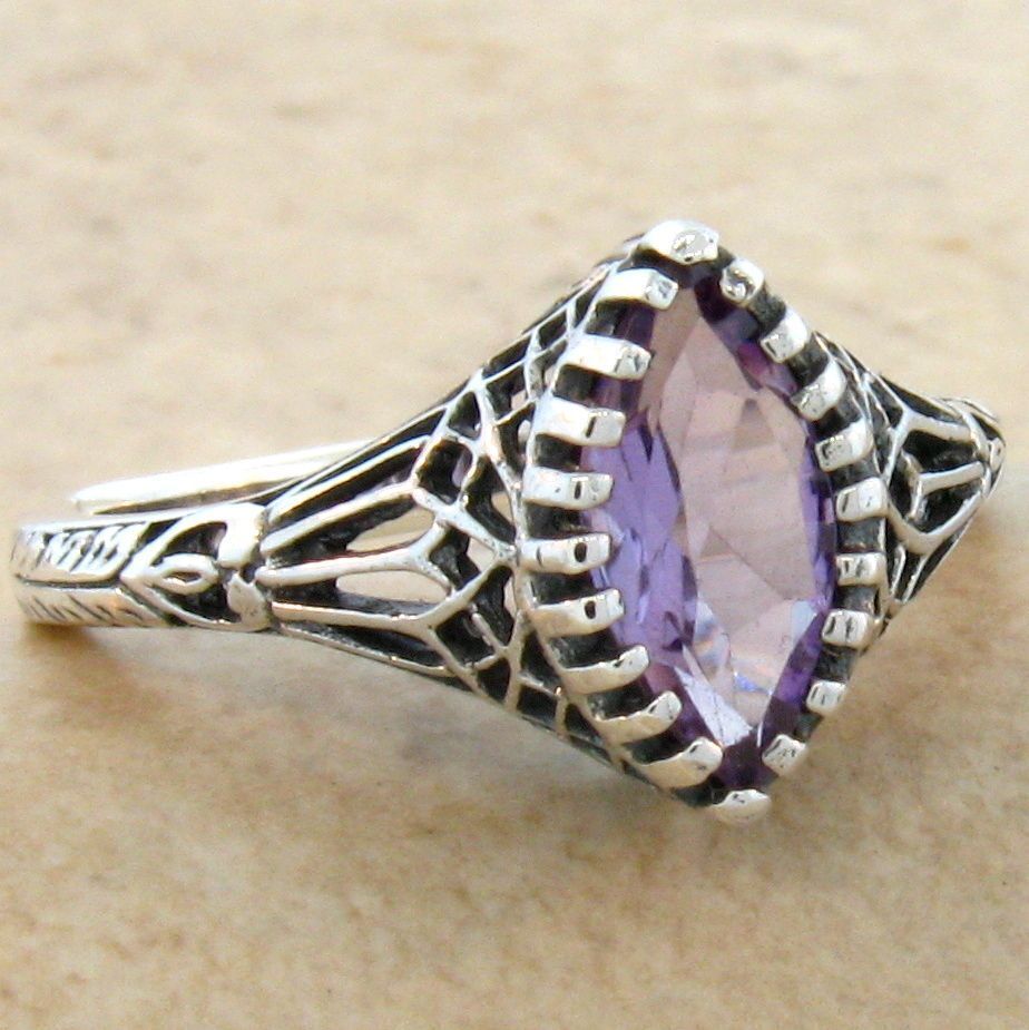 GENUINE AMETHYST 925 STERLING SILVER VICTORIAN DESIGN FILIGREE RING         #696