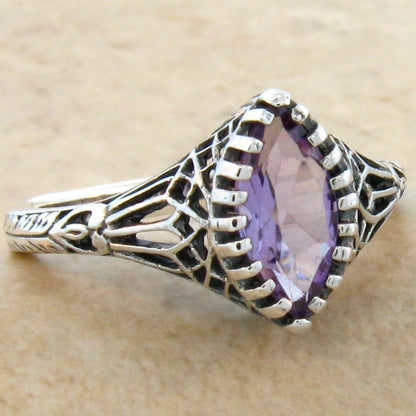 GENUINE AMETHYST 925 STERLING SILVER VICTORIAN DESIGN FILIGREE RING         #696