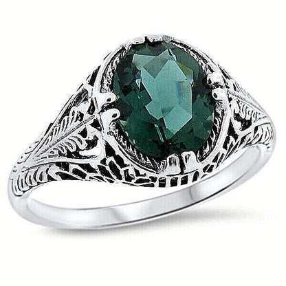 VINTAGE STYLE 925 STERLING SILVER SIMULATED 1.60 CT EMERALD FILIGREE RING   #770