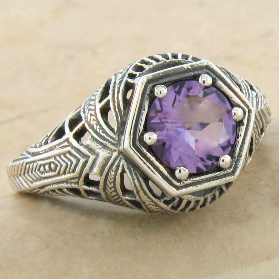 GENUINE AMETHYST 925 STERLING SILVER ART DECO STYLE SOLITAIRE RING         #1109