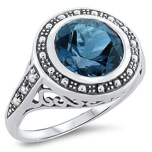 3 Ct GENUINE LONDON BLUE TOPAZ PEARL ANTIQUE STYLE 925 STERLING SILVER RING 289X