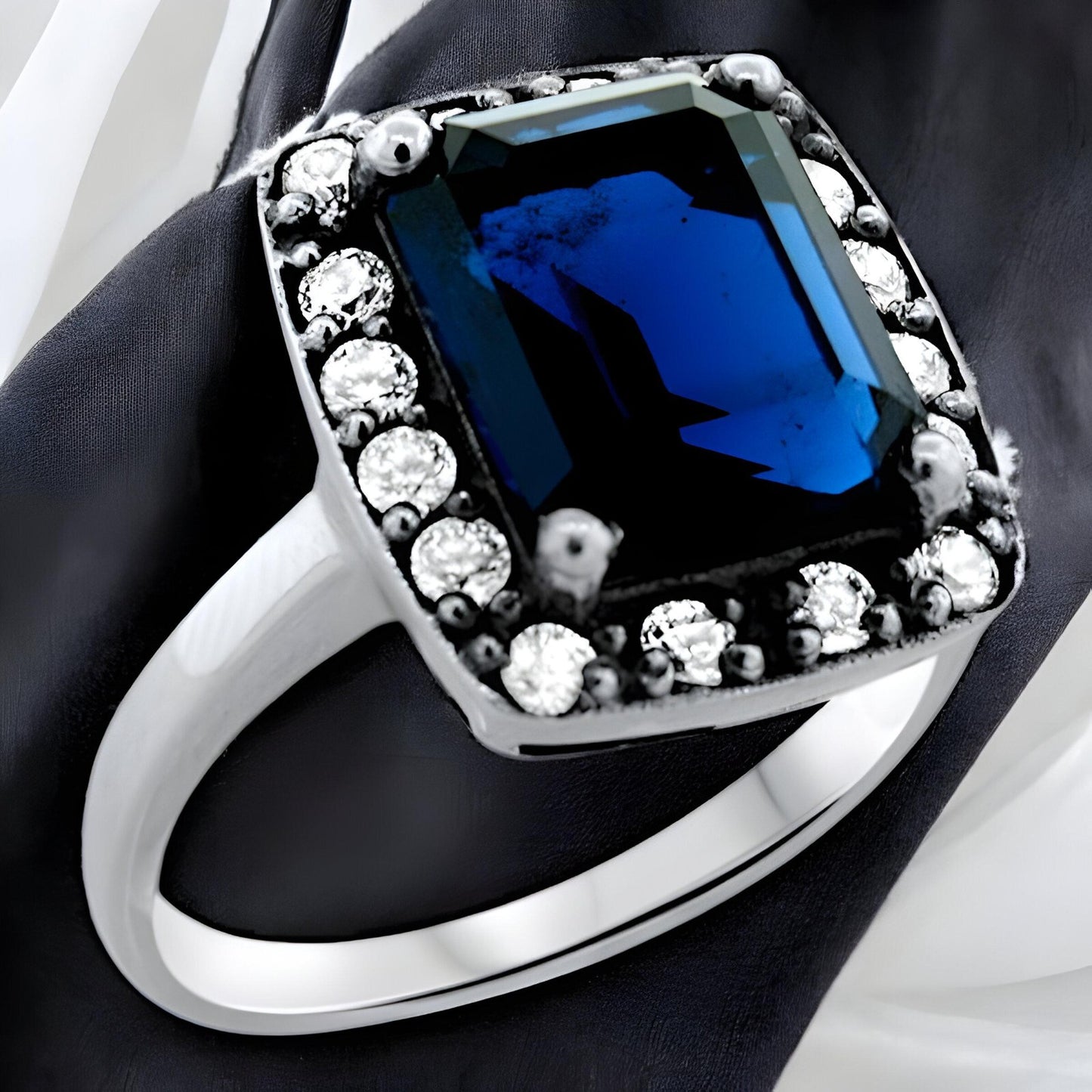 VINTAGE STYLE ROYAL BLUE SIMULATED SAPPHIRE 925 SOLID STERLING SILVER RING 1242